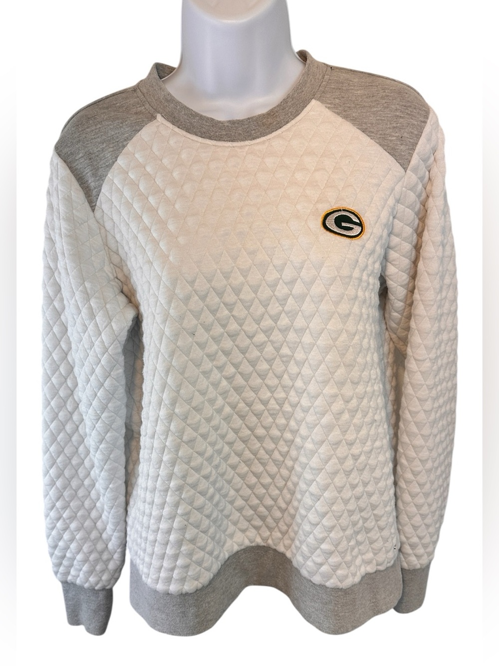 Green Bay Packers NFL Michael Strahan Quilted Sweatshirt Womens Small Gray White